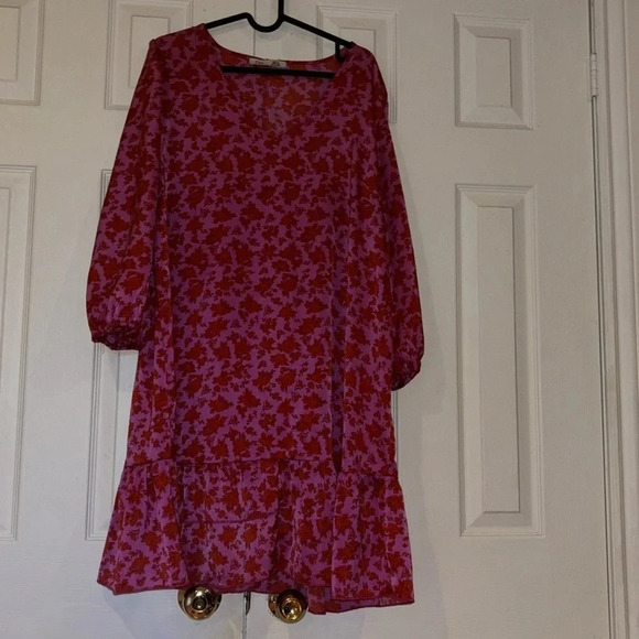 Dex light satin 3/4 puff sleeves V neck Floral Ruffled Hem midi dress Sz XL - Picture 5 of 17